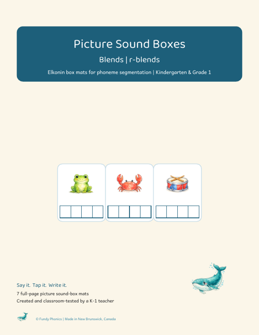 Cover of the r-blends picture sound boxes set showing frog, crab and drum picture mats with sound boxes