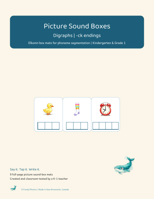 Cover of the -ck endings picture sound boxes set showing duck, sock and clock picture mats with sound boxes