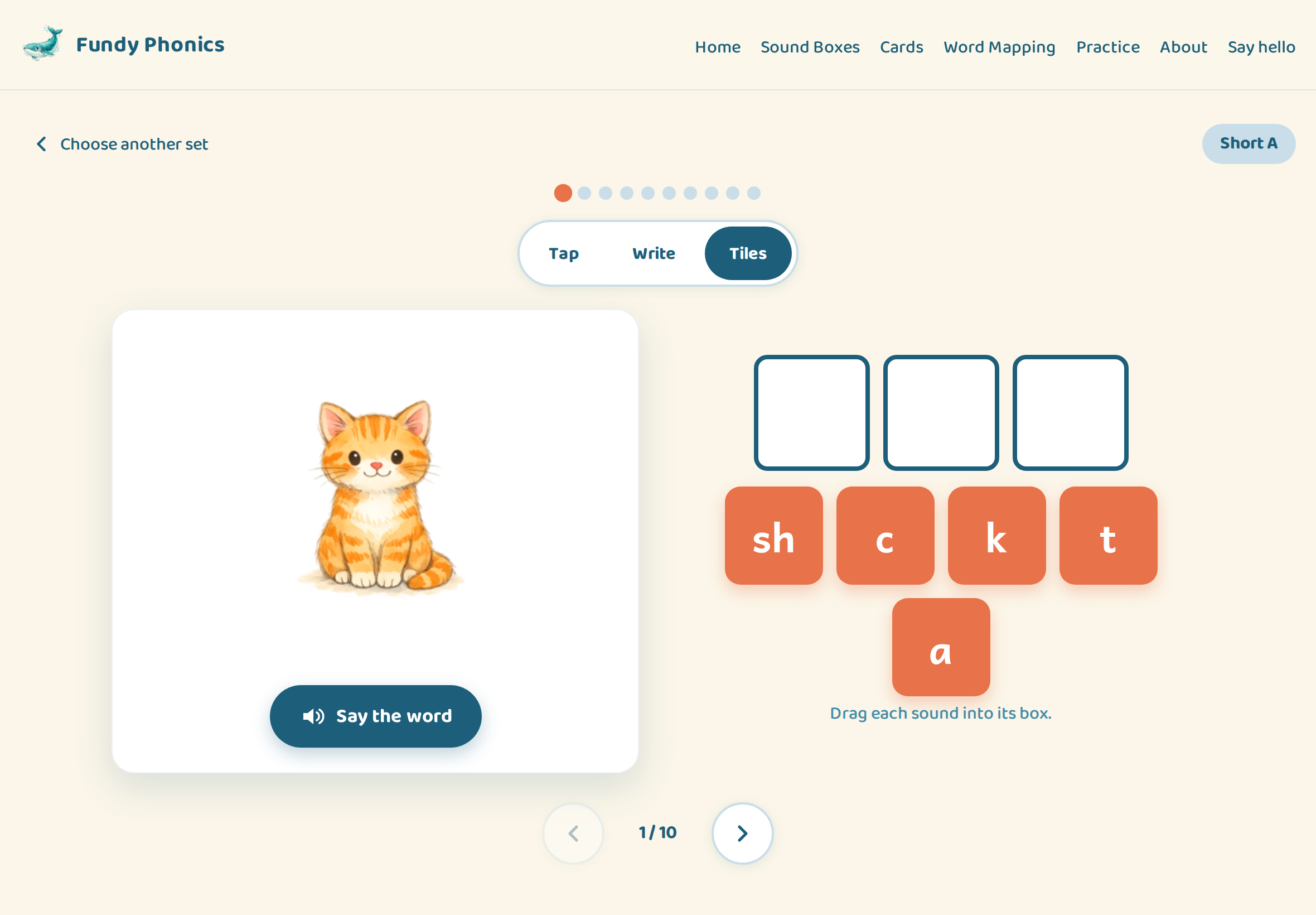 The Practice with Finn app open on an iPad, showing a word being built with letter tiles